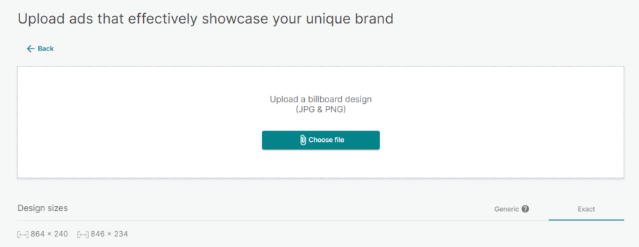 Screenshot of billboard design upload page with “Choose File” button.