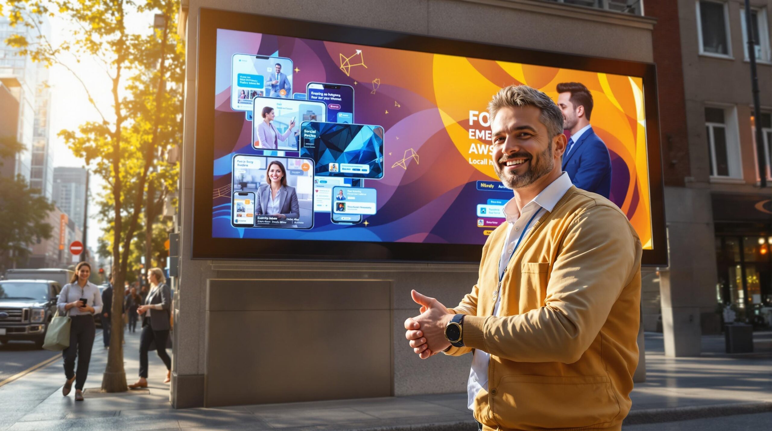 Smiling man in yellow jacket in front of a large modern digital billboard showing business networking visuals in a city street.
