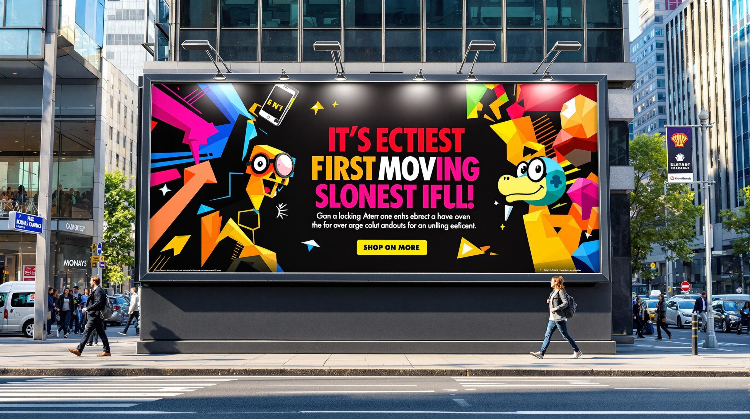 Bright geometric cartoon-style billboard with abstract characters and bold text, urban street with pedestrians passing.
