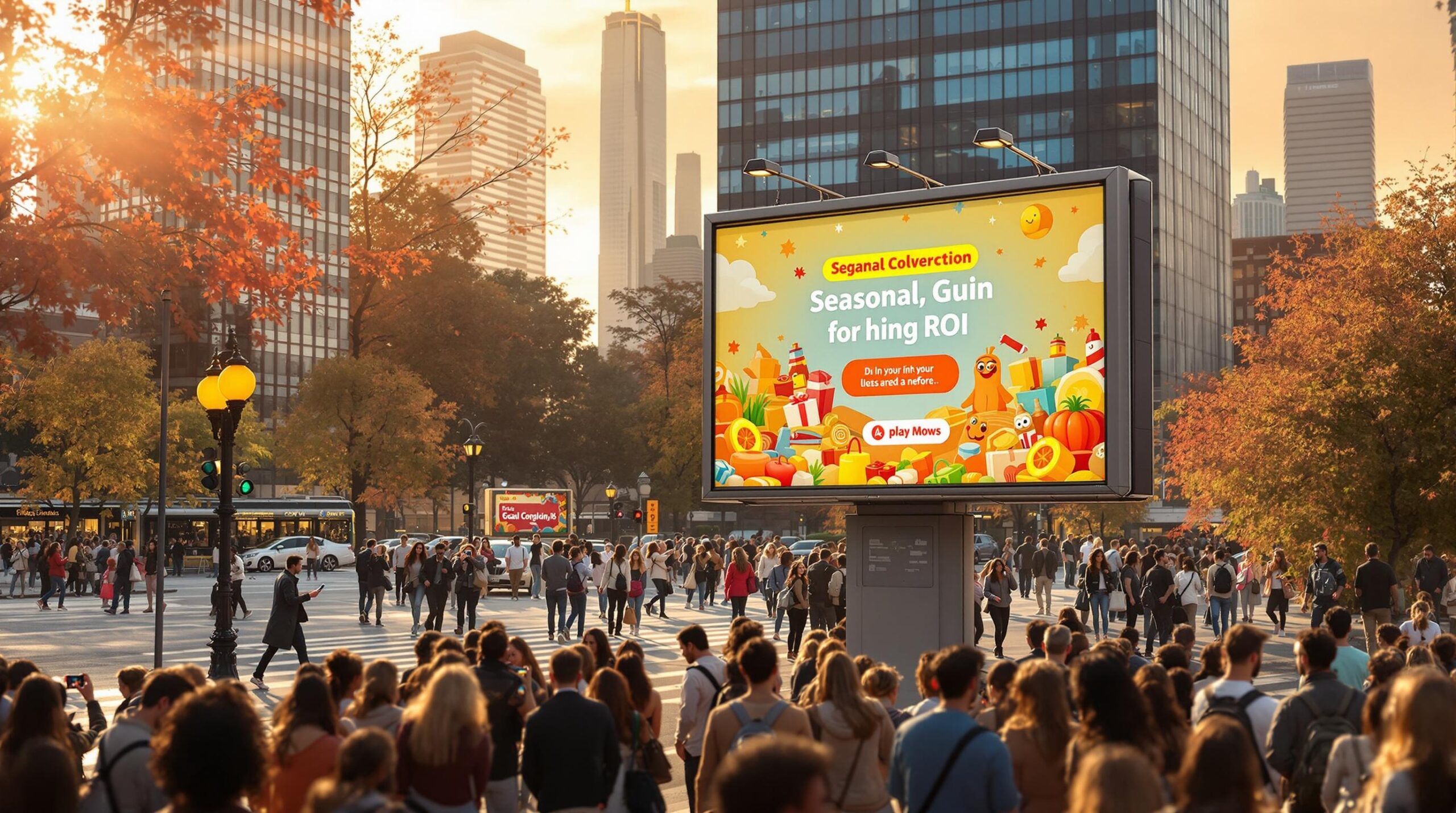Large digital billboard at sunset with autumn-themed graphics and promotional text about seasonal offers.
