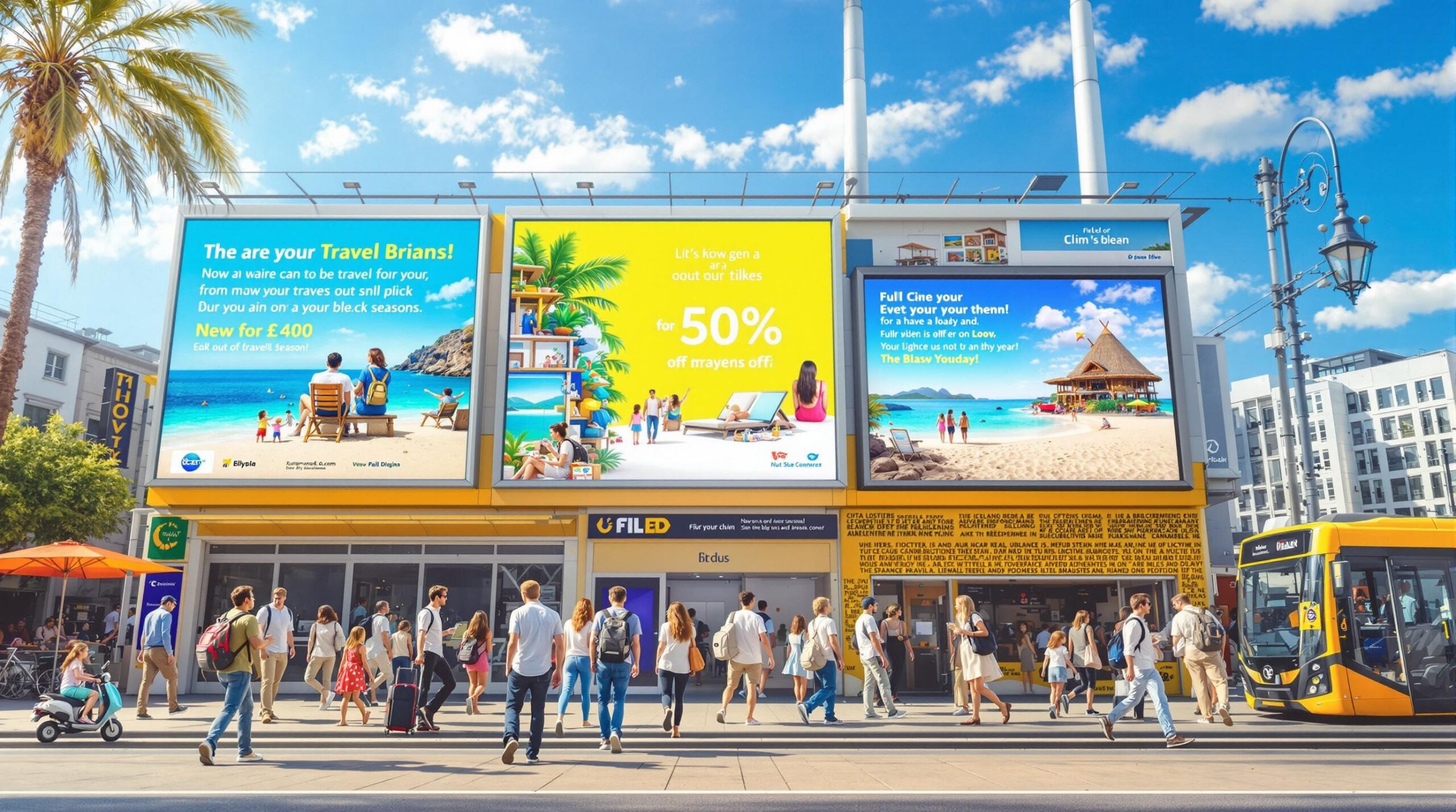 Beach vacation advertising billboards above street with tropical travel offers and people walking below on sunny day.