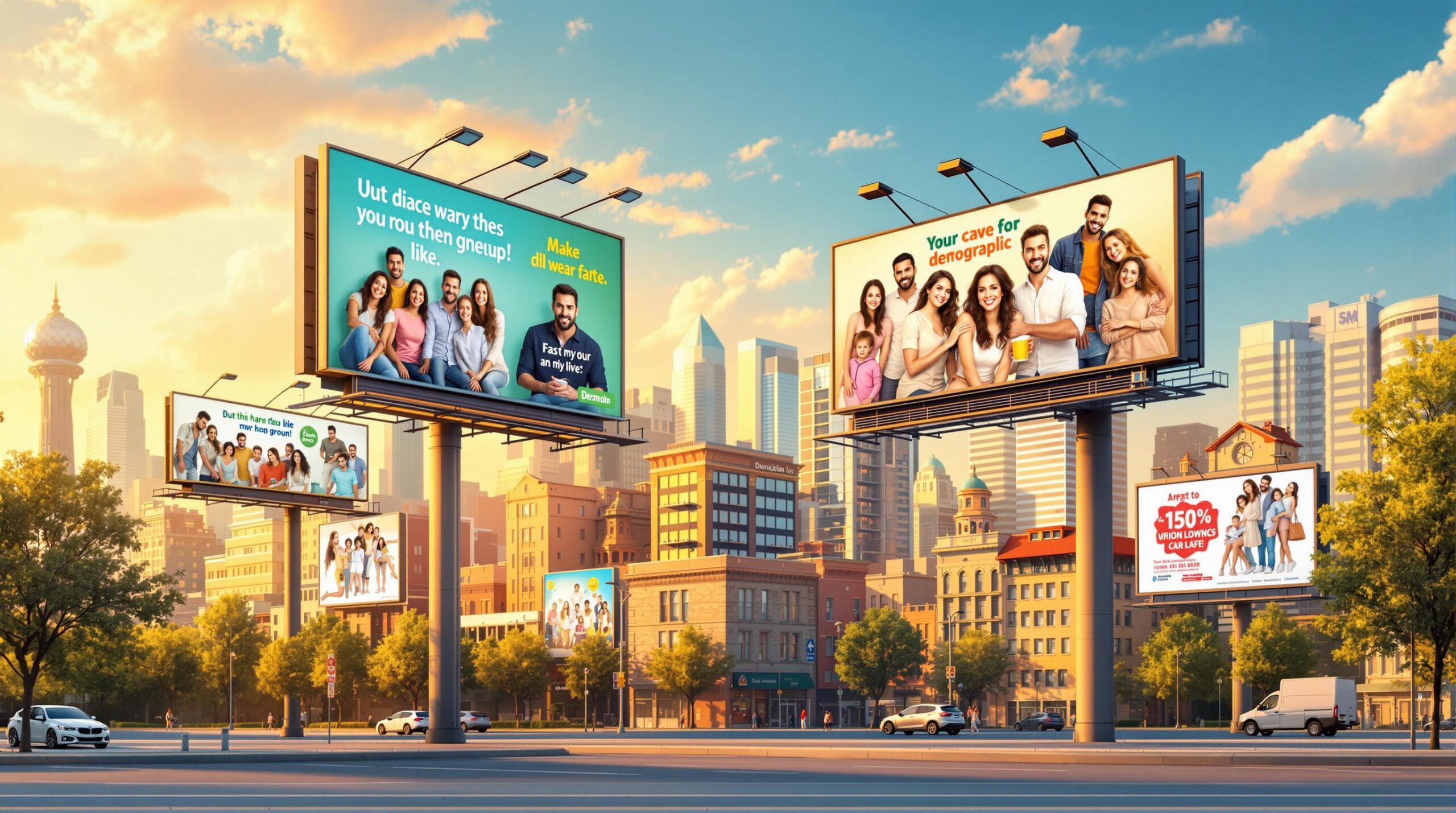 Group of billboards showing families and text about learning or community, set against a modern skyline.