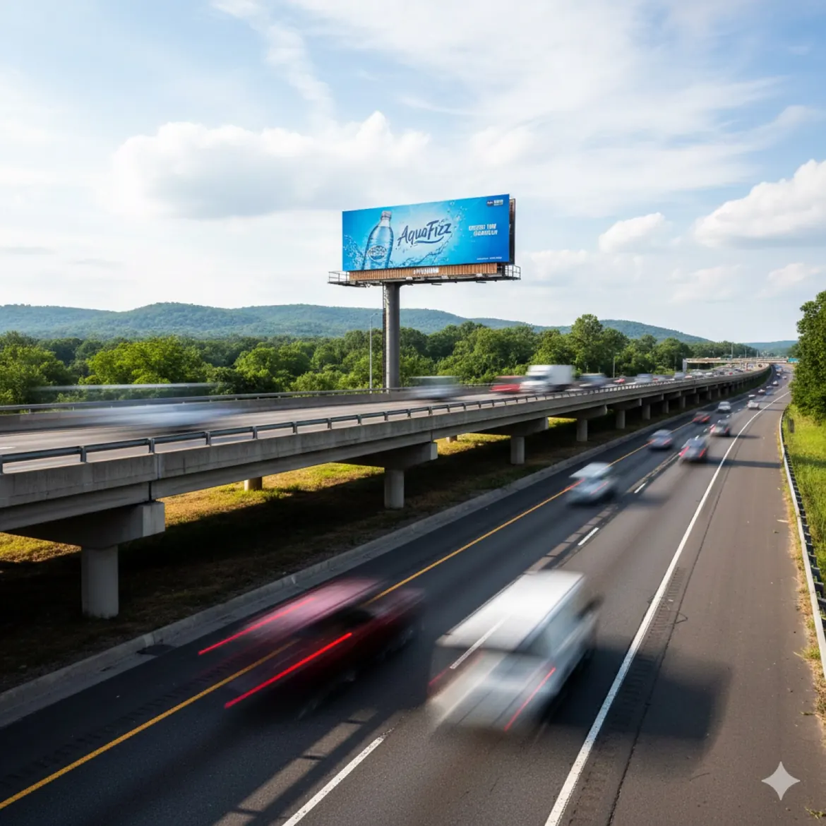 Digital billboard above a roadway advertising AquaFitz