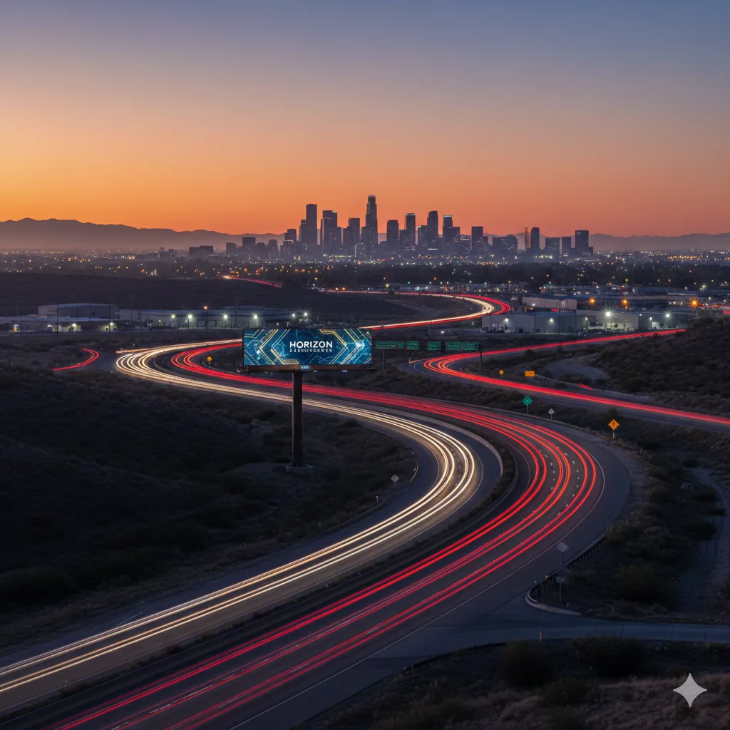 Highway at dusk with billboard against the city skyline