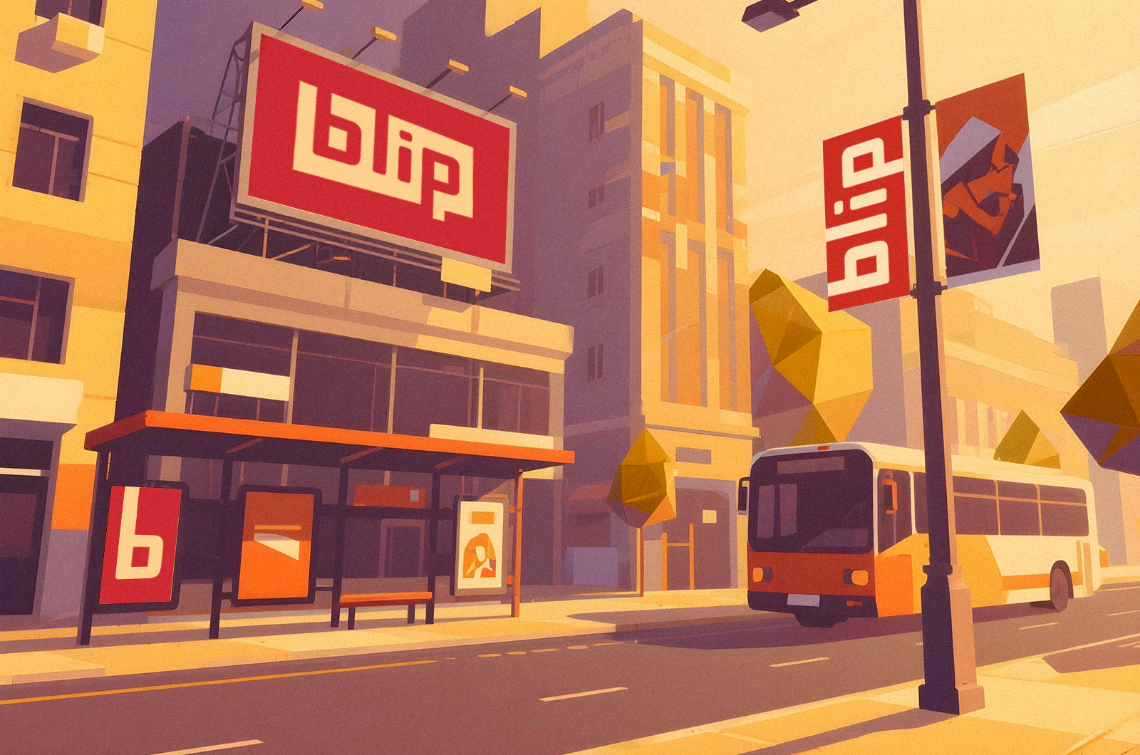 Illustration of a city with various billboards