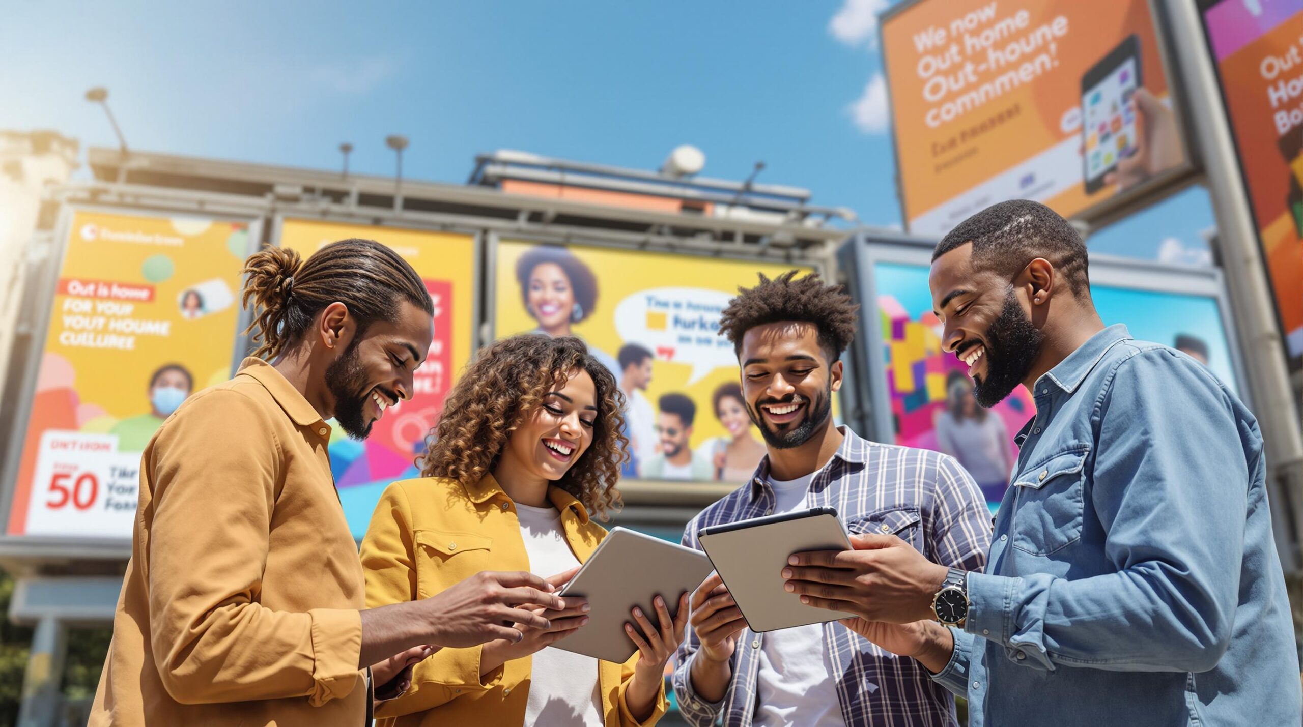 Four young adults outdoors smiling and using tablets, colorful digital advertising billboards blurred in background.