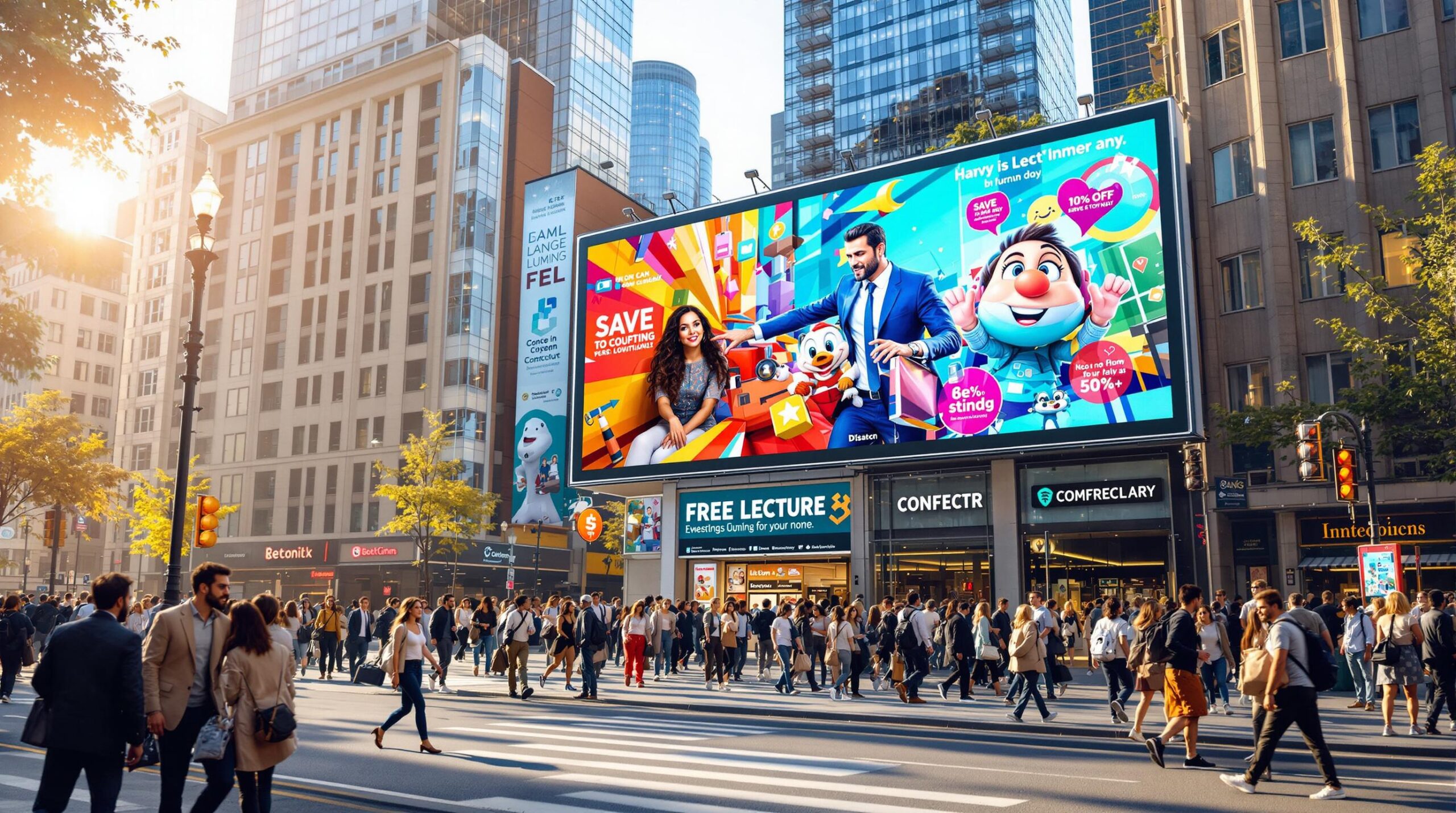 Large colorful billboard with animated characters and entertainment theme above a busy crosswalk.