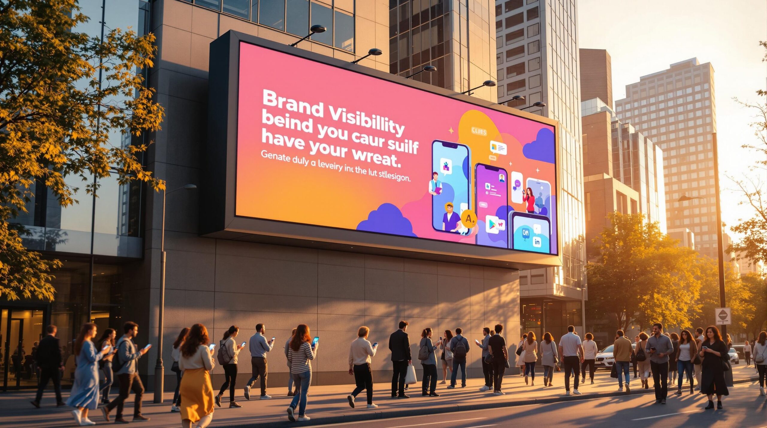 Colorful brand visibility billboard with mobile app icons and text promoting digital marketing visibility.